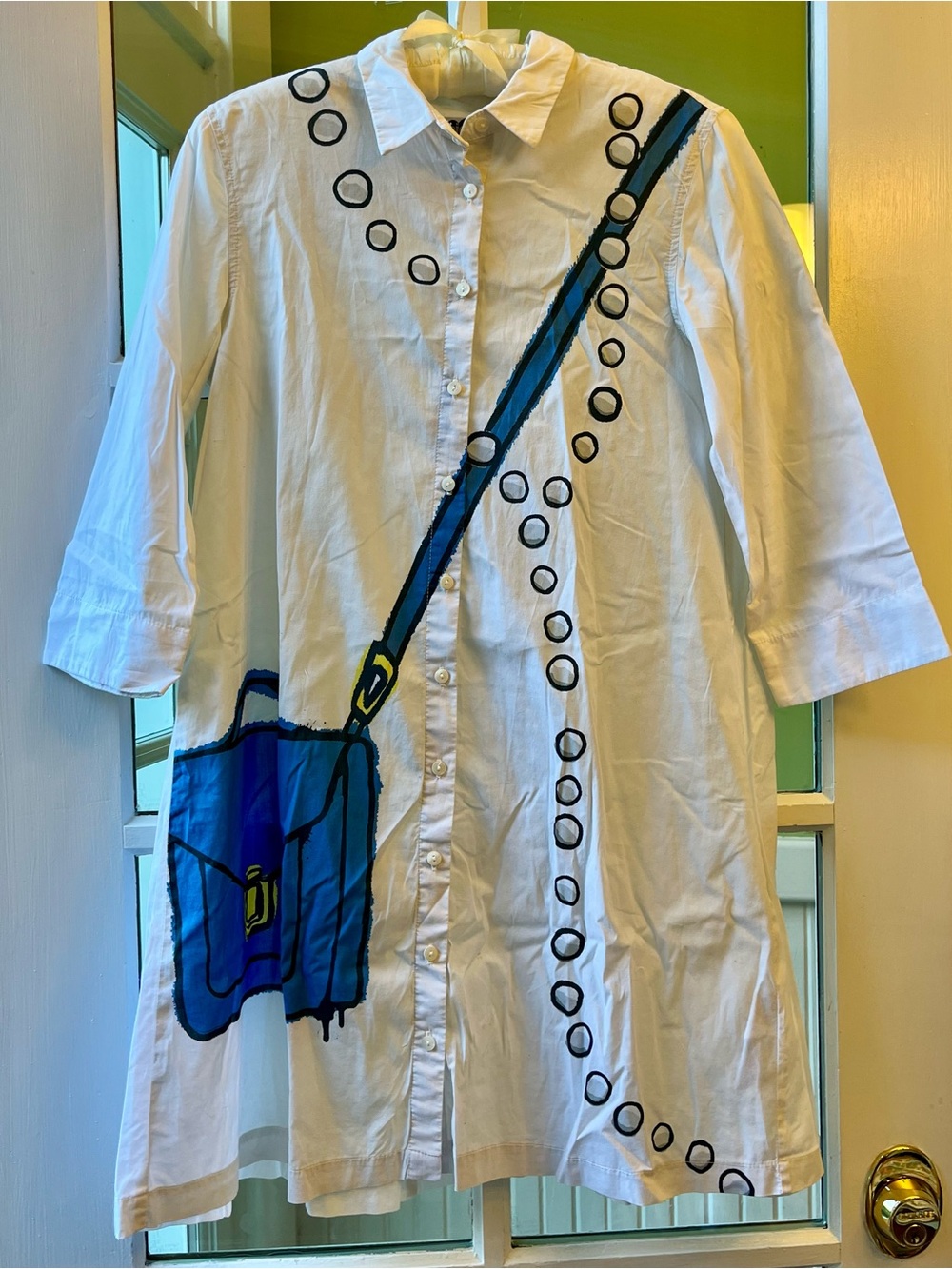Desigual White Button-Up Shirt Dress with Playful Blue Bag Graphic